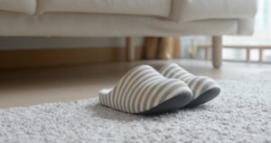 Grey slipper on carpet at home
